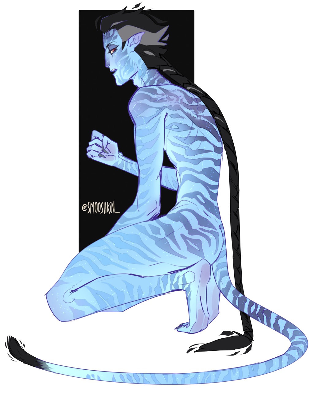 alien alien_humanoid blue_body blue_skin claws feet hair hi_res humanoid humanoid_pointy_ears james_cameron's_avatar kneeling long_hair looking_at_viewer male na'vi not_furry nude simple_background smooshkin solo solo_focus striped_body stripes tail