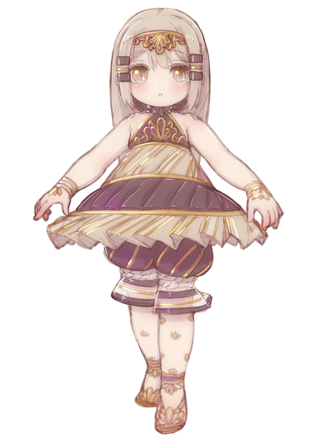 1girl brown_hair dress female_child feral_lemma flat_chest full_body highres long_hair looking_at_viewer original parted_lips simple_background sleeveless sleeveless_dress solo standing white_background yellow_eyes