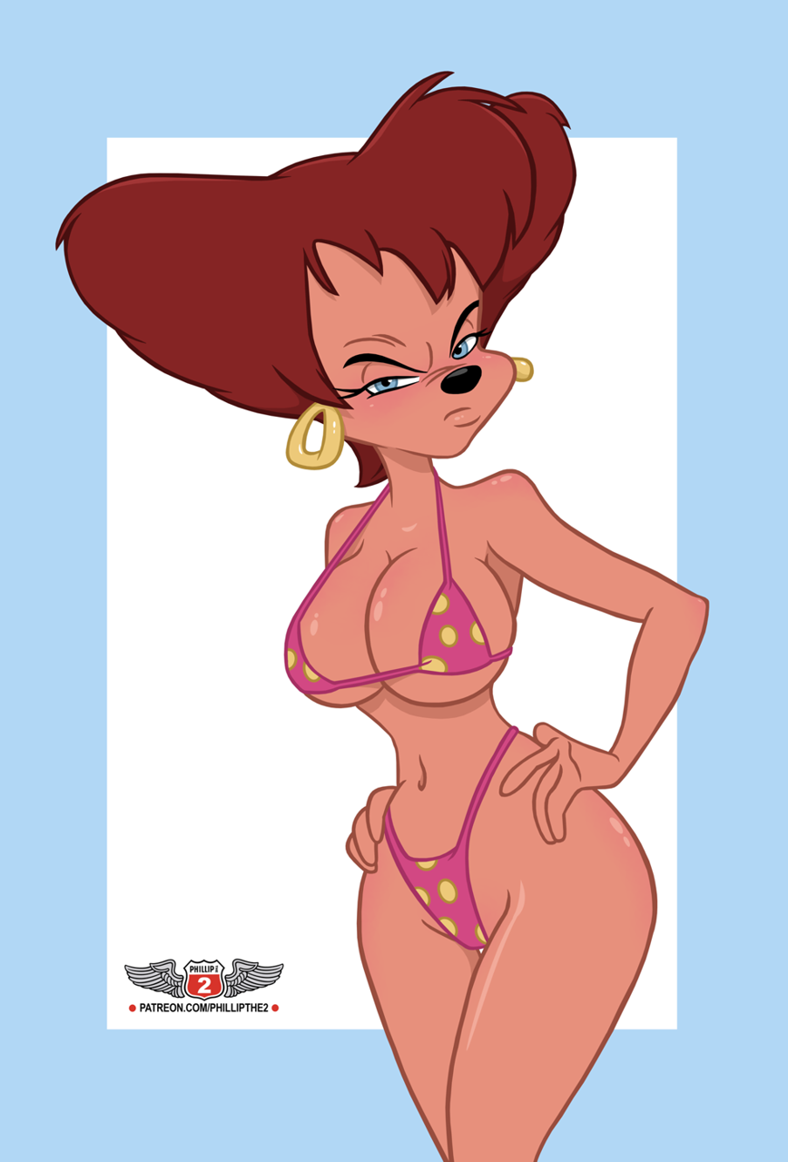 angry anthro big_breasts big_hair bikini blue_eyes blush breasts canid canine canis clothing disney domestic_dog ear_piercing ear_ring female furrowed_brow furrowed_eyebrows glistening glistening_body goof_troop hair hands_on_hips hi_res looking_at_viewer mammal mature_female navel peg_pete phillipthe2 piercing polka_dot_bikini red_hair ring_piercing simple_background solo swimwear text unimpressed url wrinkled_nose