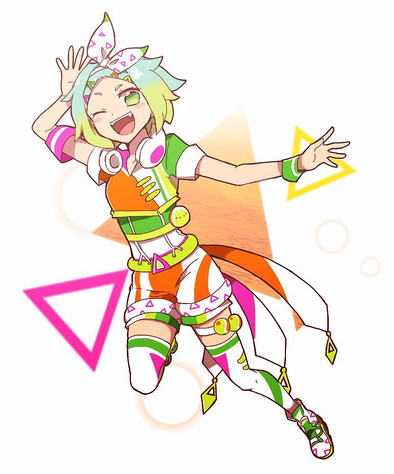 1girl ;d arm_up blue_hair blush commentary_request fang full_body gradient_hair green_eyes green_hair green_shirt hair_ornament hairband hairclip headphones headphones_around_neck idol_time_pripara jumping looking_at_viewer midriff multicolored_hair nijiiro_nino nojima_minami one_eye_closed open_mouth orange_shorts outstretched_arm pretty_(series) pripara shirt shoes short_hair short_sleeves shorts smile sneakers solo thighhighs triangle two-tone_hair white_hairband white_thighhighs wristband