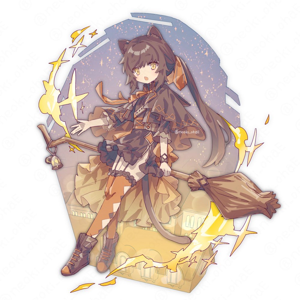 1girl animal_ears bell belt boots broom brown_belt brown_capelet brown_footwear brown_hair capelet cat_ears cat_girl cat_tail chest_belt commentary english_commentary flat_chest frilled_skirt frilled_thighhighs frills full_body garter_straps hair_ribbon leaning_on_broom long_hair looking_at_viewer magic neck_ribbon neoki_ohae night open_mouth orange_capelet orange_ribbon orange_skirt orange_thighhighs original outdoors plantar_flexion ponytail ribbon rooftop showgirl_skirt side_slit sidelocks skirt sky solo sparkle star_(sky) starry_sky tail thighhighs twitter_username two-sided_capelet two-tone_capelet watermark wristband yellow_eyes