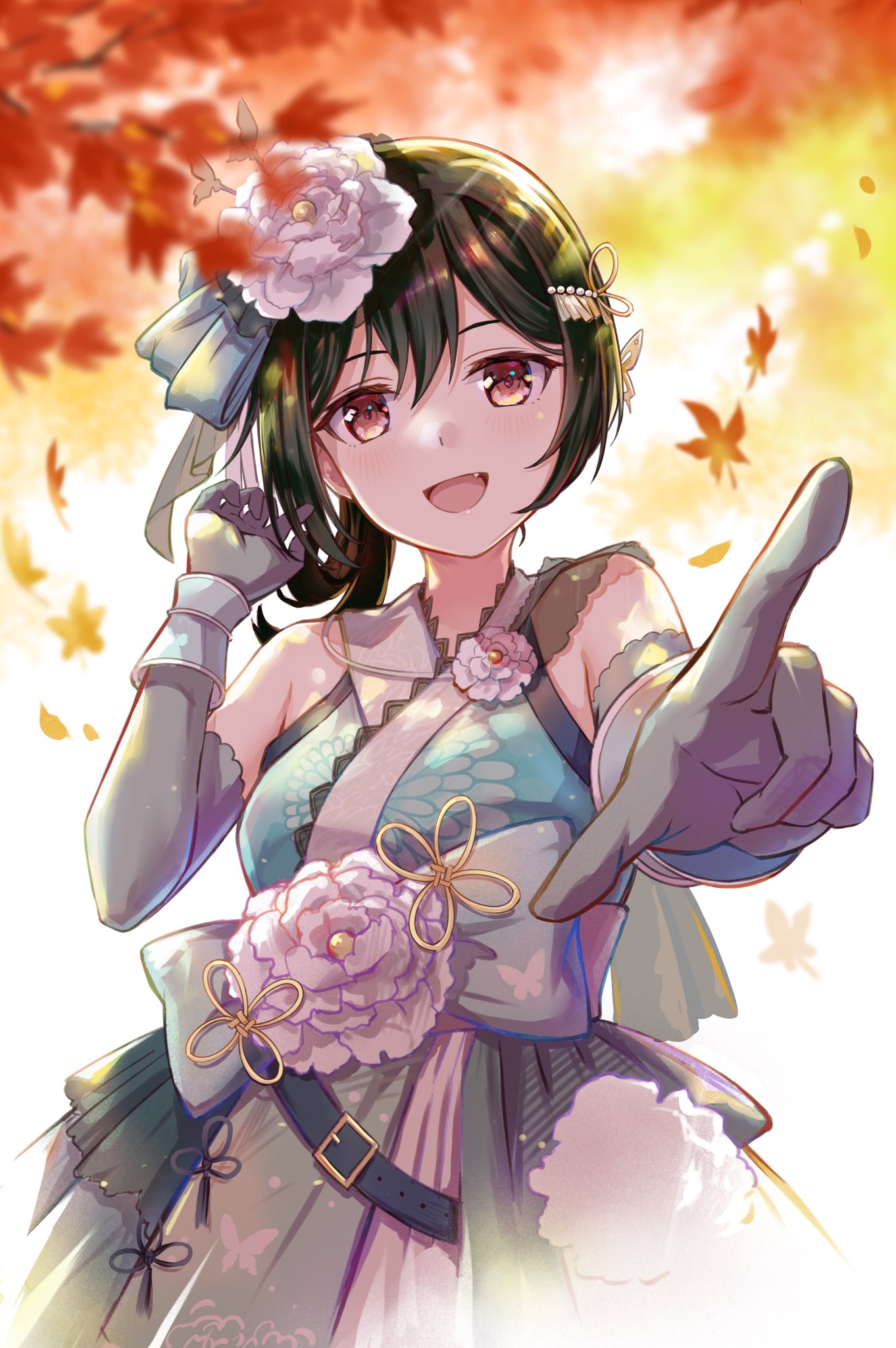 1girl belt black_belt breasts dark_green_hair dress elbow_gloves fang flower gloves green_dress green_gloves hair_flower hair_ornament highres looking_at_viewer love_live! love_live!_nijigasaki_high_school_idol_club medium_breasts medium_hair mifune_shioriko multicolored_clothes multicolored_dress open_mouth pointing pointing_at_viewer ponytail red_eyes setsu_(qjsj1993aa) sleeveless sleeveless_dress solo upper_body white_flower