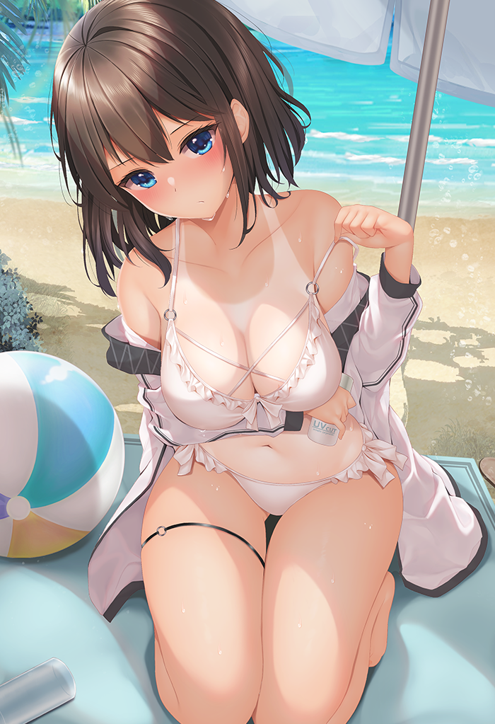1girl ball bare_legs bare_shoulders barefoot beach beach_umbrella beachball bikini blue_eyes blush breasts brown_hair cleavage closed_mouth collarbone commentary_request day frilled_bikini frills large_breasts long_sleeves looking_at_viewer medium_hair minato_ojitan navel o-ring o-ring_bikini o-ring_top ocean off_shoulder one-piece_tan open_clothes original outdoors pulled_by_self sand seiza sitting solo strap_pull swimsuit tan tanlines umbrella water white_bikini