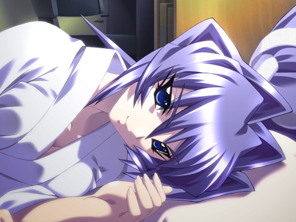 1girl blue_eyes blue_hair bou breasts cleavage hair_intakes head_tilt looking_at_viewer lying mitsurugi_meiya muvluv official_art on_side pillow ponytail robe smile solo white_robe