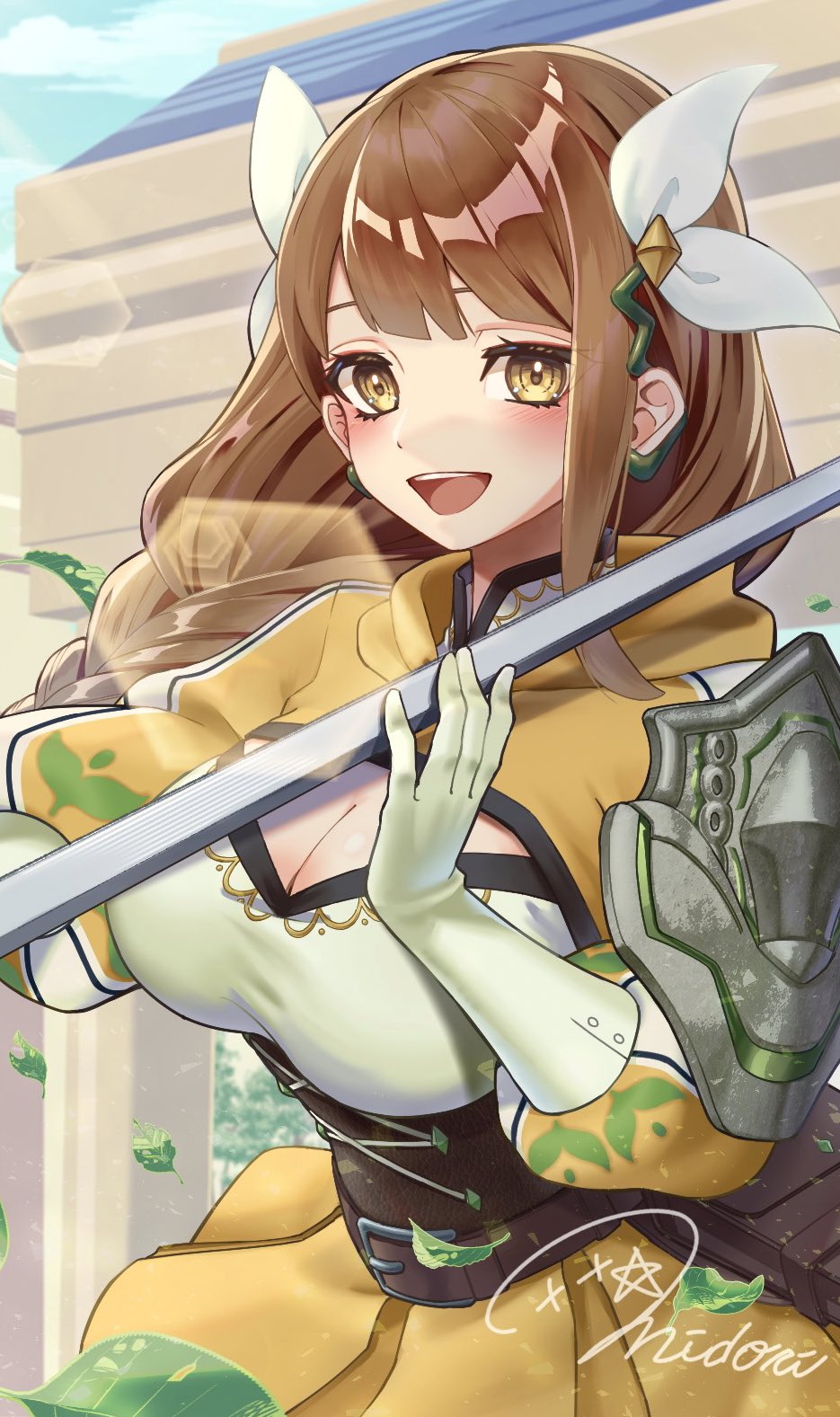 1girl armor black_corset braid braided_ponytail breasts brown_hair cleavage corset diamond_cutout dress fire_emblem fire_emblem_engage gloves goldmary_(fire_emblem) hair_ribbon highres holding holding_weapon large_breasts low_ponytail mole mole_on_breast ribbon sakiyomi_no_nana shoulder_armor single_shoulder_pad skirt solo weapon white_ribbon yellow_dress yellow_eyes yellow_gloves yellow_skirt