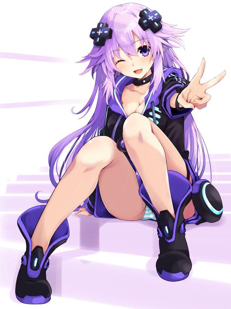 1girl adult_neptune bare_legs blush breasts choker cleavage commentary_request d-pad d-pad_hair_ornament full_body hair_between_eyes hair_ornament hood hooded_jacket iwashi_dorobou_-r- jacket long_hair looking_at_viewer medium_breasts neptune_(series) one_eye_closed open_mouth panties purple_eyes purple_hair scared shin_jigen_game_neptune_vii sitting smile solo striped striped_panties underwear v very_long_hair