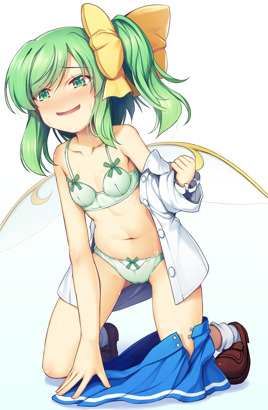 1girl :d bare_arms blue_skirt blush bow bow_panties bra breasts brown_footwear chima_q collarbone commentary daiyousei fairy_wings full_body green_bra green_eyes green_panties hair_bow highres kneeling long_hair looking_at_viewer navel nose_blush off_shoulder open_mouth panties shirt shoes side_ponytail simple_background single_bare_arm skirt small_breasts smile socks solo standing standing_on_one_leg stomach sweat touhou underwear undressing white_background white_shirt white_socks wings yellow_bow
