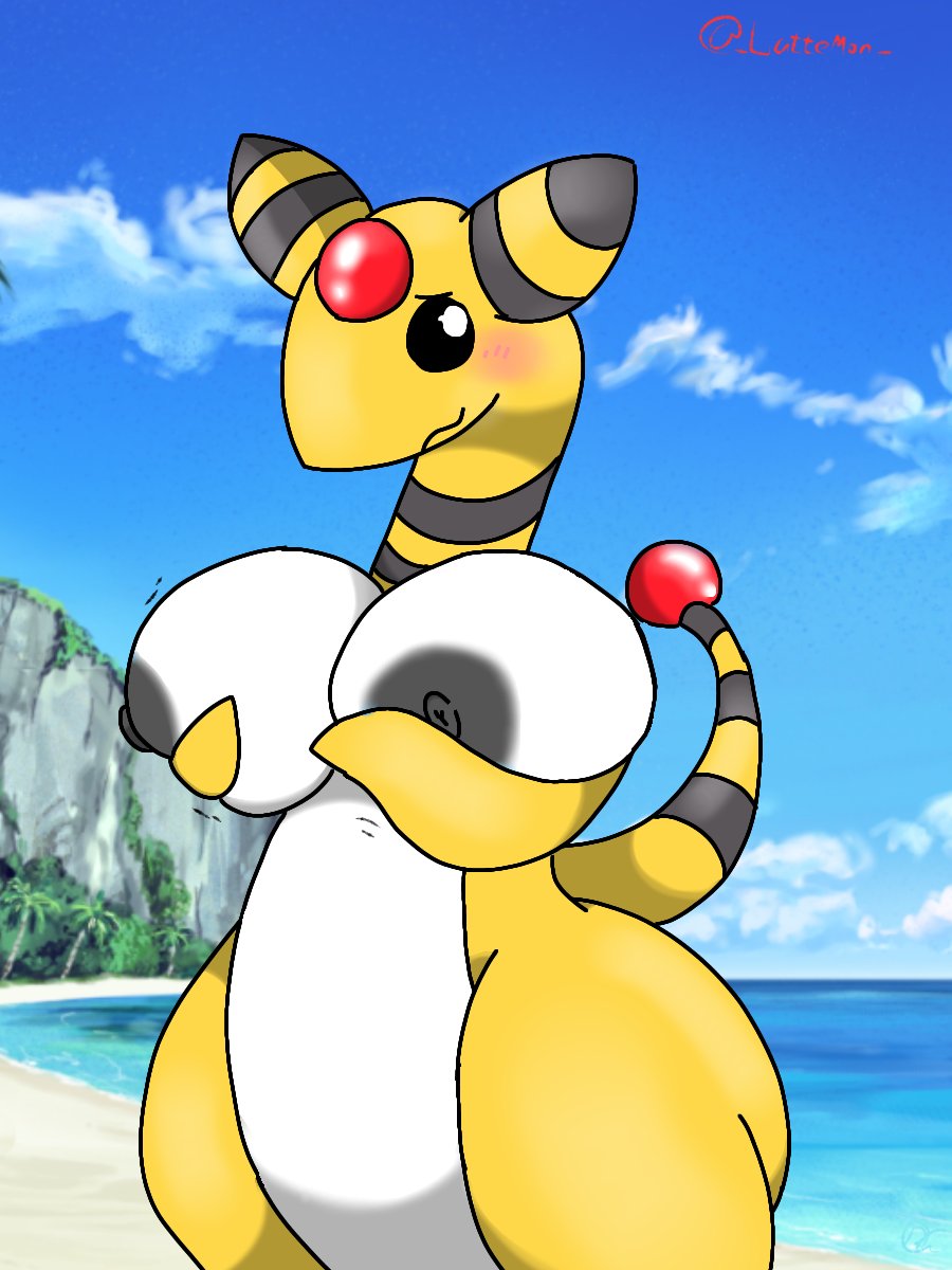 ampharos anthro beach big_breasts black_eyes black_nipples blush breasts butt butt_grab female generation_2_pokemon hand_on_butt hi_res huge_breasts lattemon nintendo nipples pokemon pokemon_(species) sand seaside shy smile solo tail water yellow_body