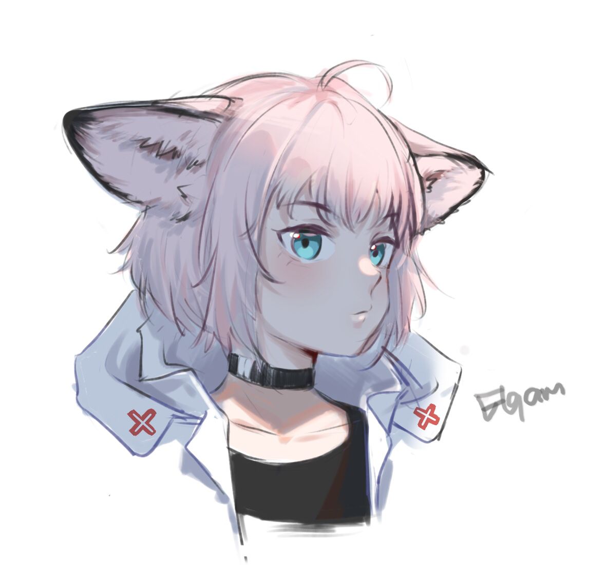 1girl ahoge animal_ear_fluff animal_ears arknights black_choker black_tank_top blue_eyes choker close-up closed_mouth coat collarbone cropped_shoulders cross fashball fox_ears fox_girl grey_hair jacket medic portrait red_cross short_hair signature solo sussurro_(arknights) tank_top white_background white_coat white_jacket