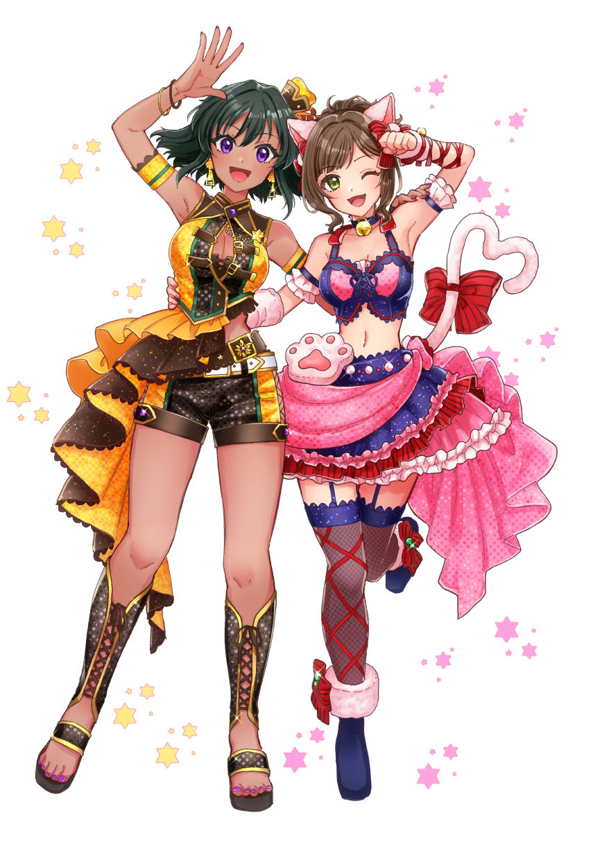 2girls ;d animal_ears ankle_boots arm_ribbon arm_up arm_warmers armpits bare_shoulders bell belt bintaptyo blue_footwear blue_shirt blush boots bracelet breasts brown_belt brown_hair cat_ears cat_paw cat_tail cleavage collarbone crop_top cropped_shirt dark-skinned_female dark_skin detached_sleeves dress earrings fake_animal_ears fake_tail fishnet_thighhighs fishnets frilled_shirt frilled_skirt frills full_body garter_straps green_eyes green_hair hair_ribbon hand_on_another's_hip hat highres idolmaster idolmaster_cinderella_girls idolmaster_cinderella_girls_starlight_stage jacket jewelry jingle_bell layered_dress leg_ribbon looking_at_viewer maekawa_miku medium_breasts midriff mini_hat multicolored_clothes multicolored_jacket multicolored_shorts multicolored_skirt multiple_bracelets multiple_girls natalia_(idolmaster) navel neck_bell one_eye_closed open_hand open_mouth overskirt purple_eyes red_ribbon ribbon sandals shin_guards shirt short_hair shorts single_arm_warmer skirt smile standing standing_on_one_leg starry_background tail tail_ornament tail_ribbon thighhighs toenails toes white_background yellow_armband