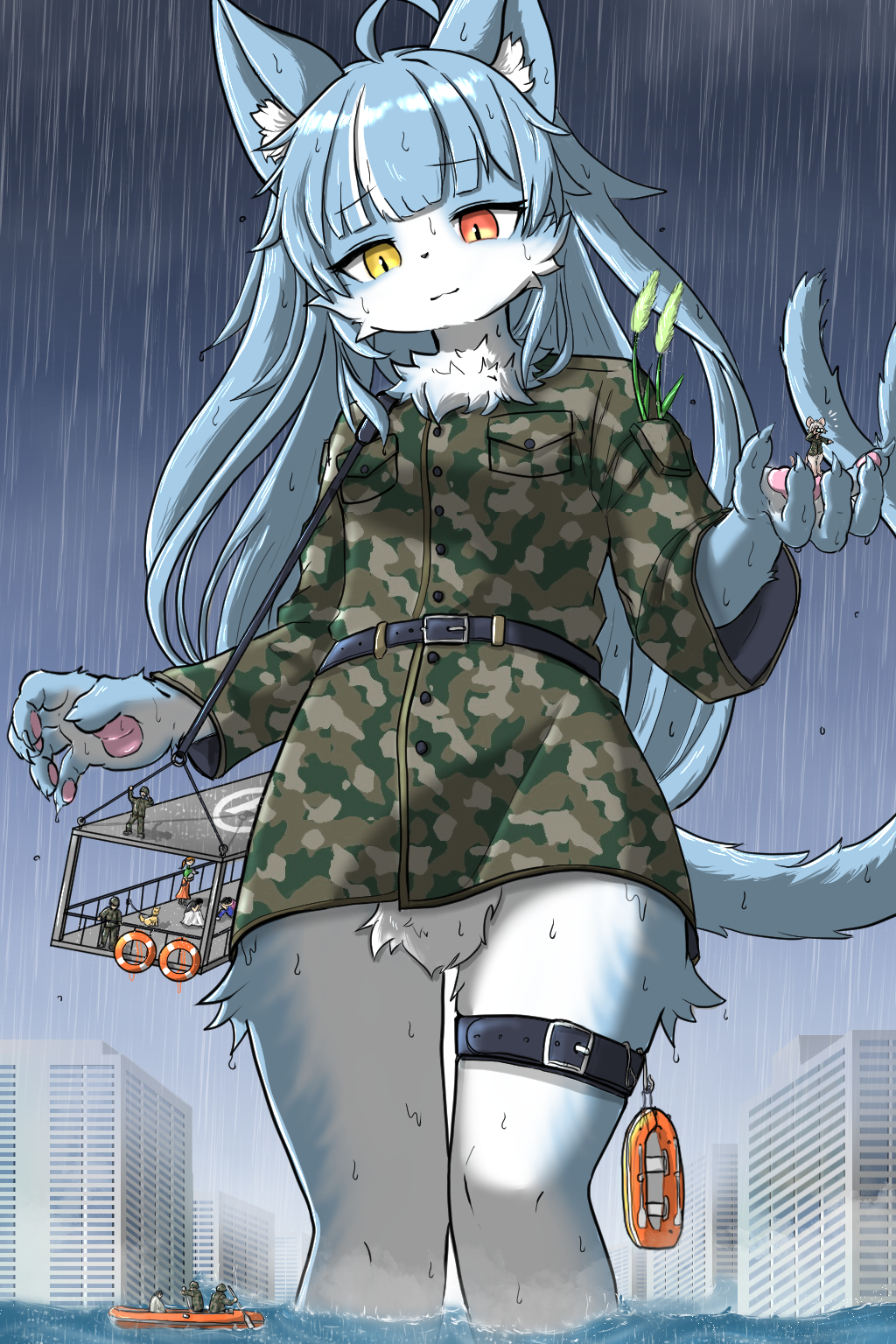 2023 5_fingers animal_humanoid anthro bottomless bottomless_anthro bottomless_male camo camo_clothing camo_print camo_topwear city clothed clothing featureless_crotch felid felid_humanoid feline feline_humanoid fingers girly hair hi_res human humanoid inner_ear_fluff japan_air_self-defense_force larger_humanoid larger_male life_ring lifeboat long_hair male mammal mammal_humanoid micro nekojyaras77 omaneko_(jasdf) pattern_clothing pattern_topwear raining rescue rescue_tube size_difference smaller_human swim_ring topwear tuft water