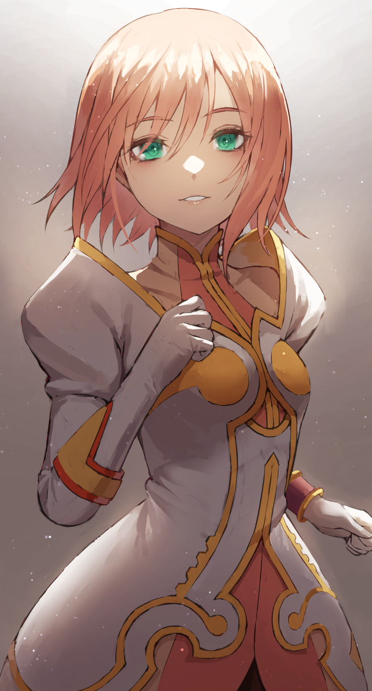 1girl clenched_hands dress estellise_sidos_heurassein fagi_(kakikaki) gloves green_eyes hair_between_eyes highres light_smile looking_at_viewer parted_lips pink_hair puffy_sleeves short_hair solo tales_of_(series) tales_of_vesperia upper_body white_dress white_gloves