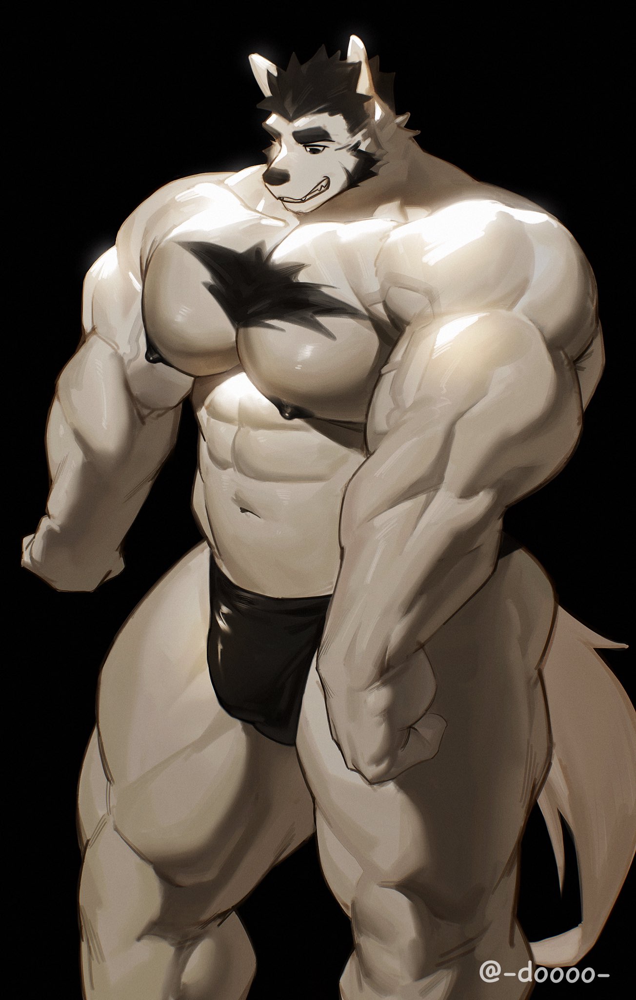 2023 abs anthro artist_name big_biceps big_deltoids big_pecs big_triceps black_background black_hair black_nipples canid canine canis chest_tuft clenched_teeth clothed clothing doooo2424 facial_hair flexing_muscles fur hair hi_res male mammal muscular muscular_anthro muscular_male muscular_thighs navel nipples pecs sideburns simple_background solo teeth thong thong_only topless tuft twitter_handle underwear underwear_only vein veiny_muscles white_body white_fur wolf