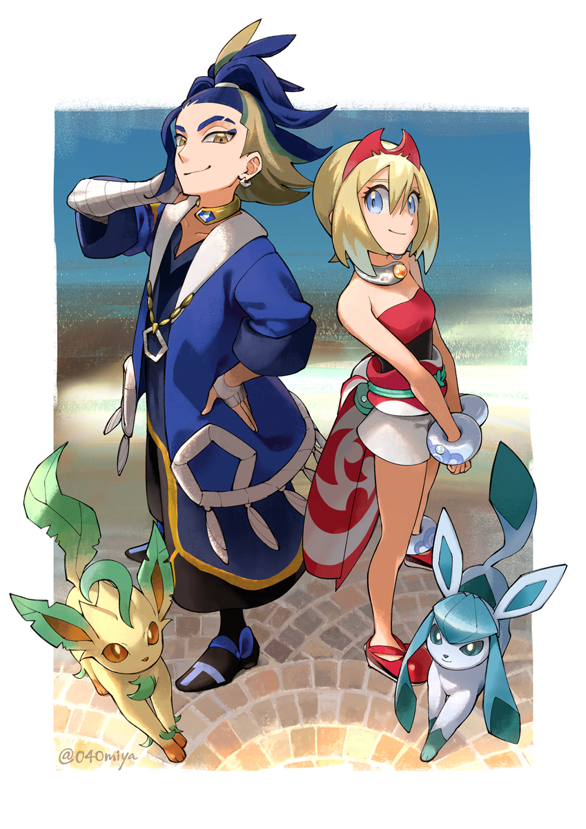 1boy 1girl adaman_(pokemon) arm_wrap bare_shoulders blonde_hair blue_eyes blue_hair brown_eyes commentary_request earrings eyebrow_cut full_body glaceon hand_on_own_hip highres irida_(pokemon) jewelry leafeon looking_at_viewer nrmya pokemon pokemon_(creature) pokemon_(game) pokemon_legends:_arceus sash single_earring smile waist_cape wrist_cuffs