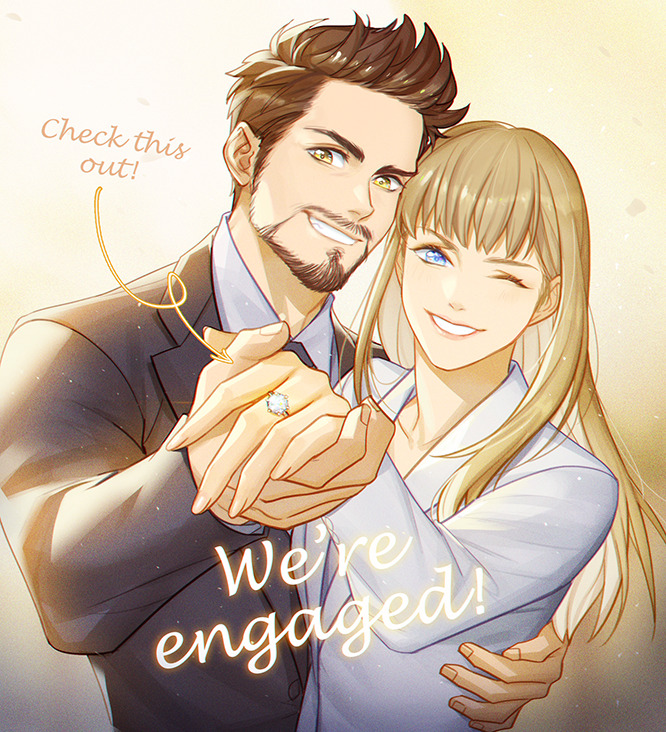 1boy 1girl animification arrow_(symbol) black_jacket black_necktie blonde_hair blue_eyes brown_hair buttons collarbone collared_jacket collared_shirt couple english_commentary english_text facial_hair fingernails ginmu hand_around_waist hand_up hands_up hetero holding holding_hands husband_and_wife jacket jewelry lips long_hair long_sleeves looking_at_viewer marvel marvel_cinematic_universe necktie one_eye_closed pepper_potts ring shirt short_hair sidelocks smile standing teeth tony_stark white_jacket white_shirt yellow_eyes