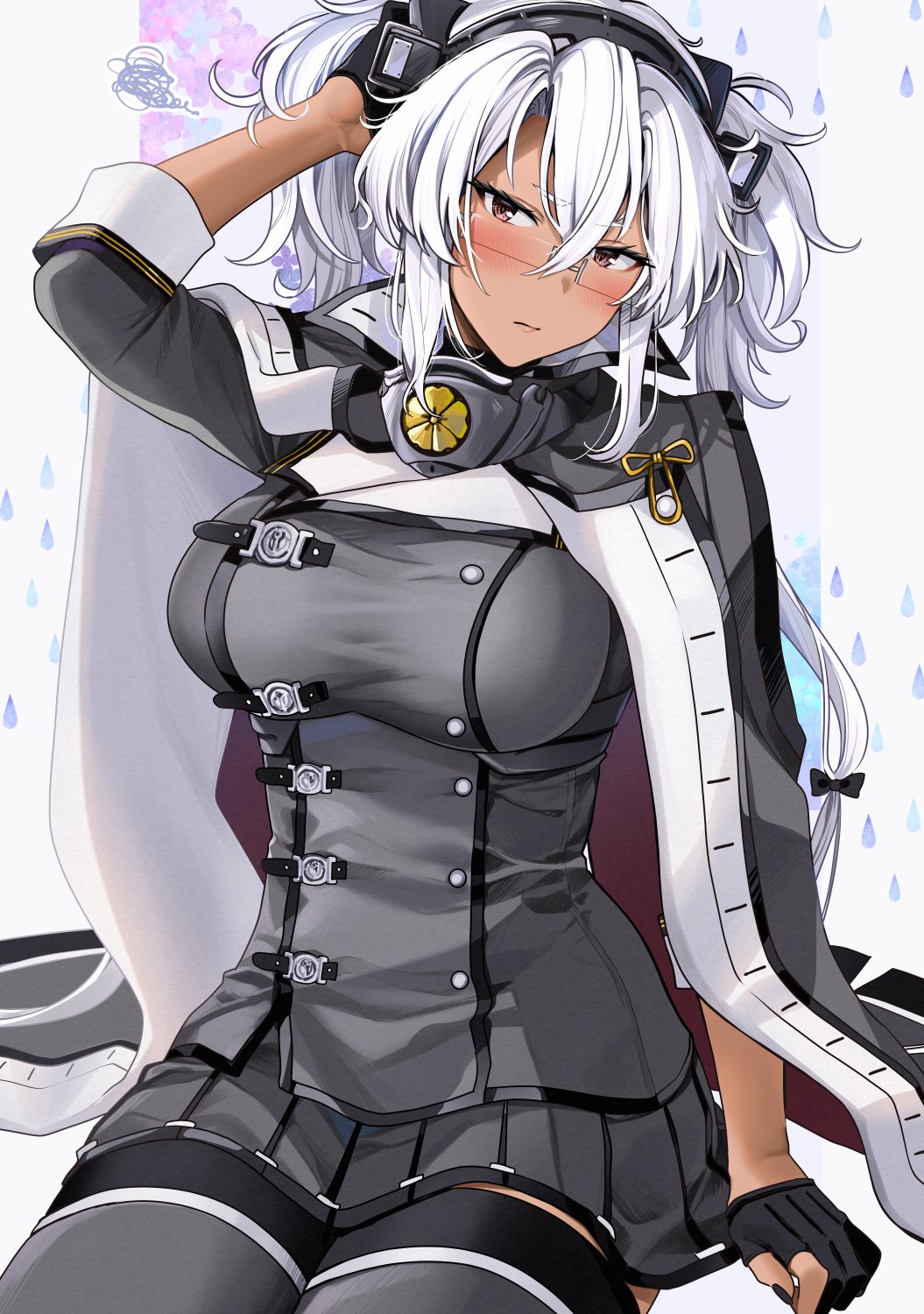 1girl black_nails breasts brown_eyes cape commentary_request dark-skinned_female dark_skin gloves grey_cape grey_jacket grey_skirt grey_thighhighs hair_between_eyes hand_in_own_hair headgear highres jacket kantai_collection large_breasts long_hair looking_at_viewer military_uniform miniskirt musashi_(kancolle) musashi_kai_ni_(kancolle) partially_fingerless_gloves pleated_skirt rectangular_eyewear semi-rimless_eyewear simple_background sitting skirt solo thighhighs twintails two_side_up uniform water_drop white_hair yunamaro