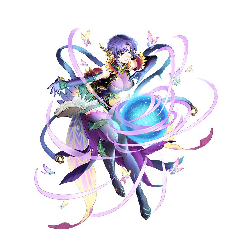 1girl attack book boots breasts bug butterfly cleavage detached_sleeves fairy_wings fake_wings fire_emblem fire_emblem:_the_blazing_blade fire_emblem_heroes gloves gold_trim high_heels large_breasts official_alternate_costume purple_eyes purple_gloves purple_hair short_hair smile solo thigh_boots toyota_saori ursula_(fire_emblem) ursula_(resplindent)_(fire_emblem) very_short_hair white_background wings
