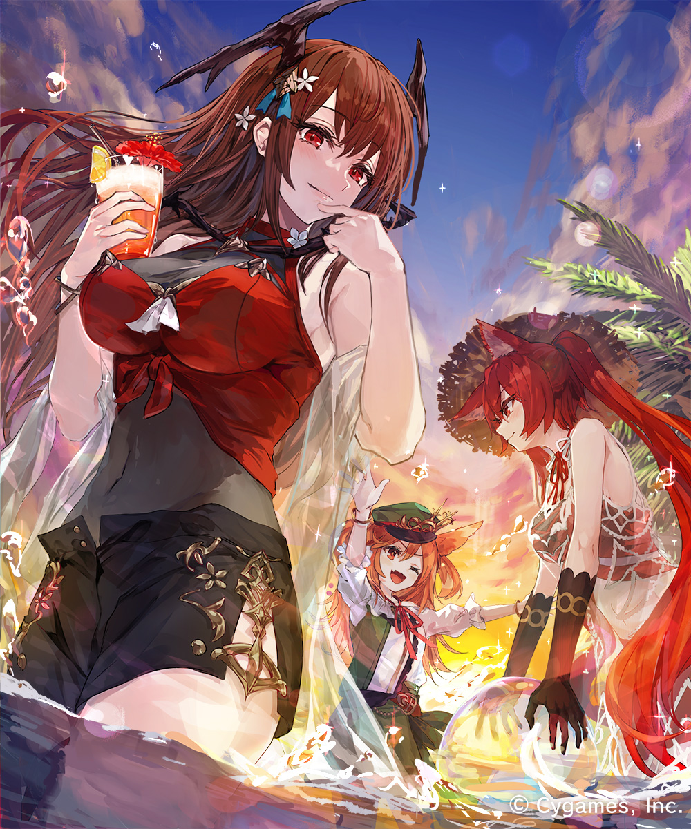 3girls animal_ear_fluff animal_ears ball beachball black_gloves black_shorts bracelet breasts brown_hair cerberus_(shingeki_no_bahamut) charon_(shadowverse) closed_mouth company_name covered_navel criss-cross_halter drink elbow_gloves fang finger_to_own_chin flower frilled_shirt frills gloves green_headwear green_skirt hair_flower hair_ornament halterneck hat head_wings highres holding holding_ball holding_beachball holding_drink jewelry large_breasts lens_flare leotard long_hair looking_at_another looking_at_viewer makihitsuji medium_breasts multiple_girls ocean official_art open_mouth orange_hair orthrus_(shadowverse) outdoors peaked_cap petite red_eyes red_hair red_ribbon red_shirt ribbon see-through see-through_leotard see-through_shawl see-through_shirt shadowverse shawl shirt shorts siblings sisters skin_fang skirt smile splashing straw_hat thigh_strap tied_shirt twilight twintails very_long_hair wading water white_shirt wings