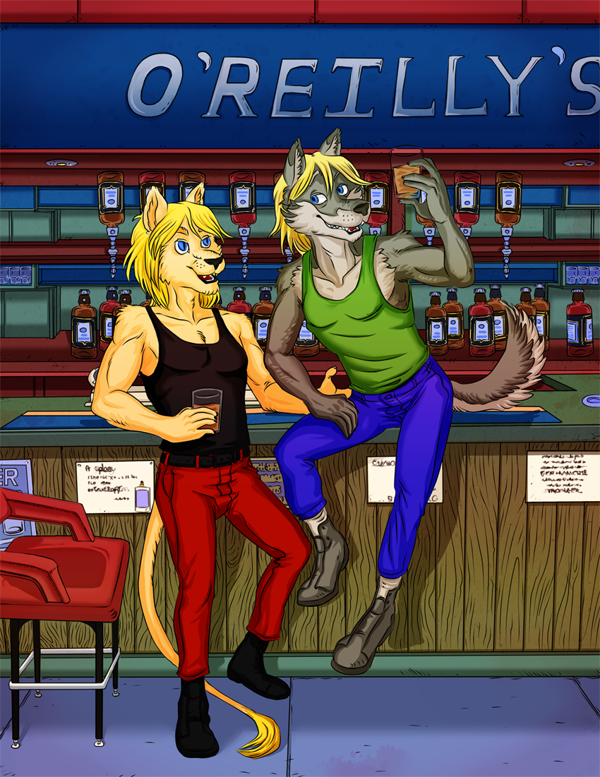 alcohol alcohol_bottles anthro ayato bar beverage black_belt black_clothing black_footwear black_nose black_shirt black_shoes black_tank_top black_topwear blonde_hair blue_eyes bottomwear canid canine canis clothing container cup duo felid floor footwear fur green_clothing green_shirt green_tank_top green_topwear grey_body grey_clothing grey_footwear grey_fur grey_shoes hair hand_on_leg hand_on_thigh heathen_city holding_beverage holding_container holding_cup holding_drink_glass holding_liquor holding_object horizontal_composition inside jake_(zildjainzone) lion male mammal open_mouth orange_body orange_fur owen_zelazny pantherine pants pub red_bottomwear red_chair red_clothing red_pants shirt shoes sign sitting_on_table smile socks tan_body tan_fur tank_top teeth_showing text tongue_showing topwear white_clothing white_footwear white_socks wolf