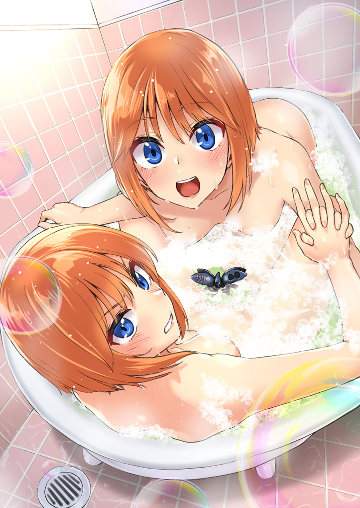 2girls abo_(hechouchou) ass bath bathing blue_eyes blush breasts bubble bubble_bath clone elpeo_puru gundam gundam_zz interlocked_fingers looking_at_viewer multiple_girls nude open_mouth orange_hair puru_two qubeley_mk_ii short_hair small_breasts smile