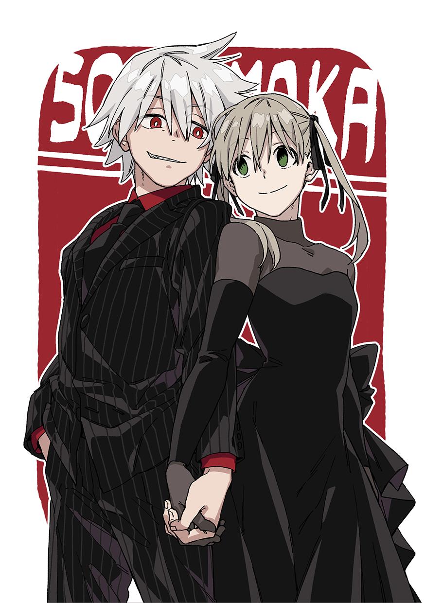 1boy 1girl bad_link black_dress black_necktie blonde_hair dress dress_shirt green_eyes hair_ribbon highres holding_hands long_hair looking_at_another maka_albarn necktie pinstripe_pattern pinstripe_suit red_background red_eyes red_shirt ribbon sharp_teeth shirt smile soul_eater soul_evans striped suit teeth turtleneck