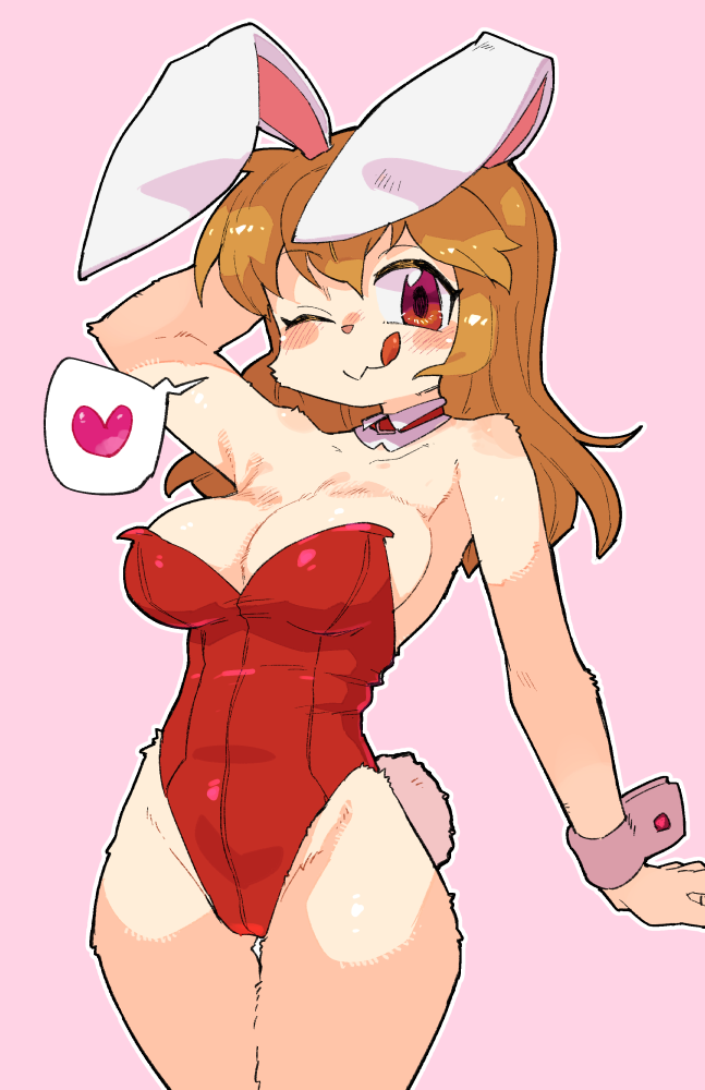 &lt;3 2022 anthro blush brown_hair bunny_costume clothing costume female hair hand_behind_head lagomorph leotard leporid looking_at_viewer mammal masha one_eye_closed pink_background rabbit red_clothing red_eyes red_leotard simple_background smile solo tail tongue tongue_out