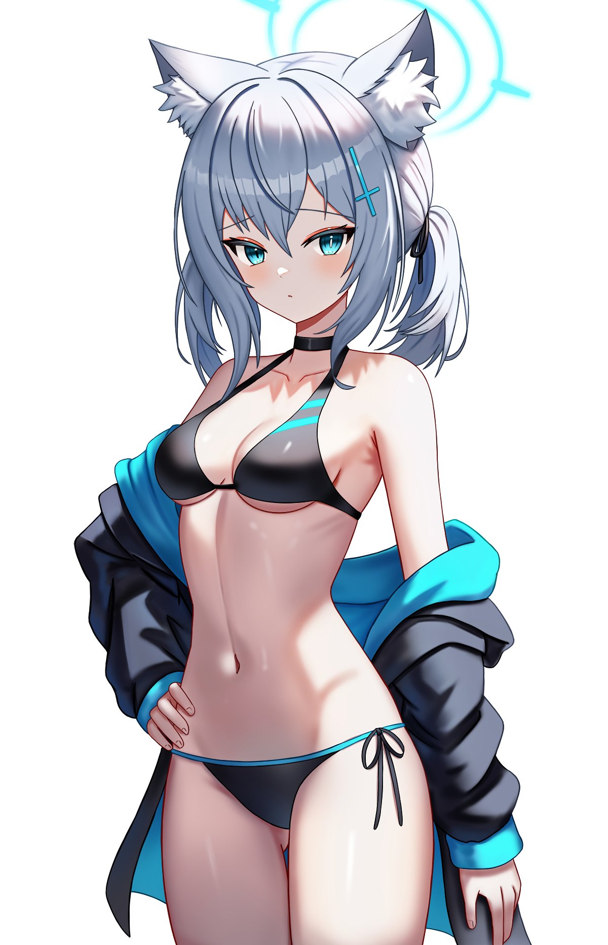 1girl alternate_costume animal_ear_fluff animal_ears aura bikini black_bikini black_choker black_jacket blue_archive blue_eyes blue_halo breasts choker collarbone commentary cross_hair_ornament extra_ears hair_ornament halo hand_on_own_hip highres jacket looking_at_viewer medium_breasts melreon navel shiroko_(blue_archive) side-tie_bikini_bottom sideboob siki simple_background solo stomach swimsuit thighs twintails underboob white_background wolf_ears