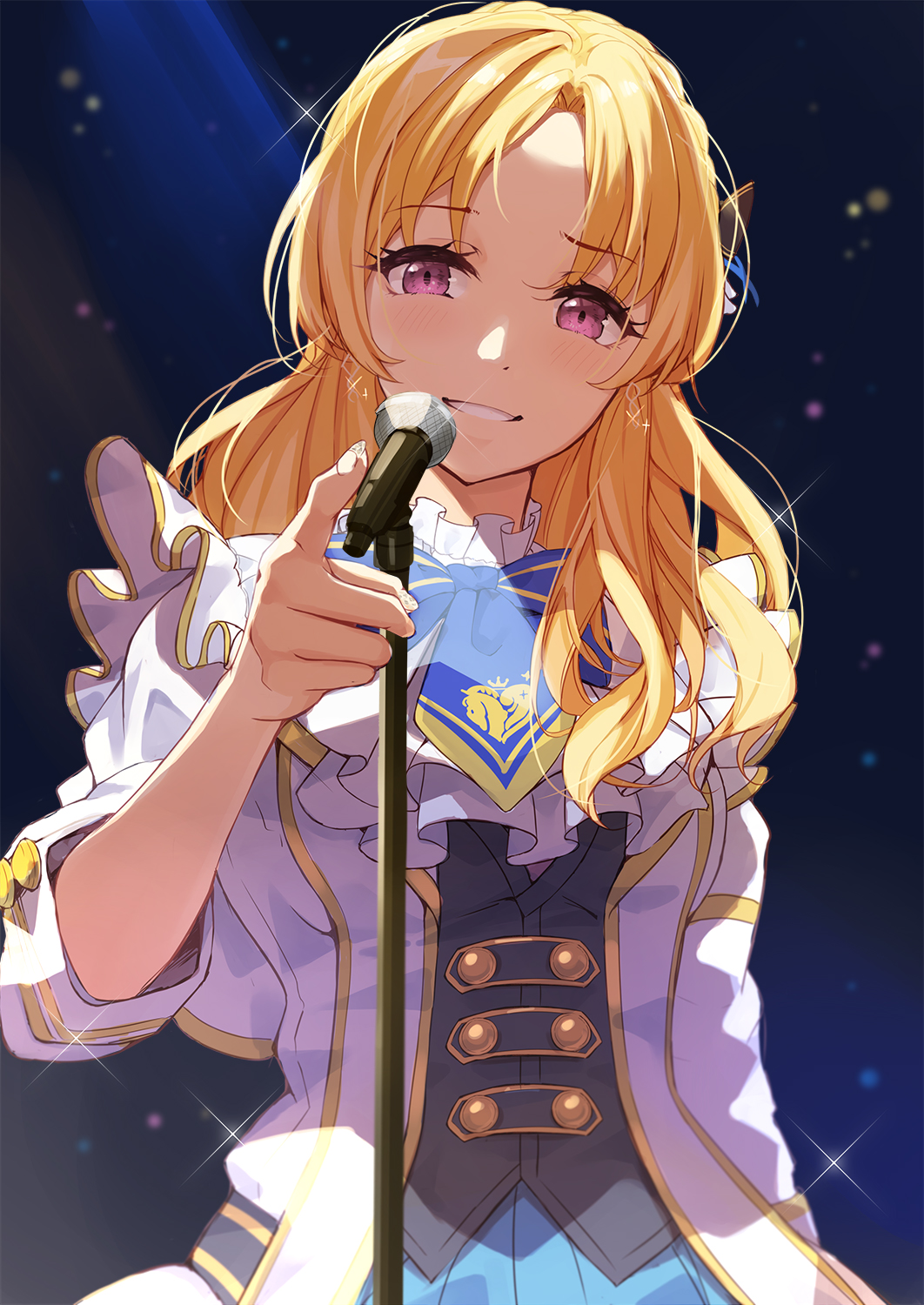 1girl black_background blonde_hair blue_neckerchief blush breasts dress earrings elbow_sleeve frilled_dress frills hair_ornament highres idolmaster idolmaster_cinderella_girls idolmaster_cinderella_girls_starlight_stage jewelry kiryu_tsukasa_(idolmaster) long_hair looking_at_viewer medium_breasts microphone microphone_stand neckerchief nira_(vira) open_mouth pointing pointing_at_viewer purple_eyes smile solo wavy_hair white_dress