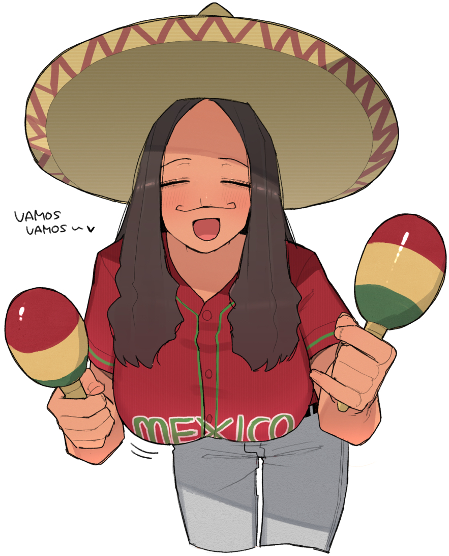 1girl blush brown_hair facial_hair hat instrument maracas mexico mustache ohasi original pants shirt simple_background solo sombrero spanish_text white_background