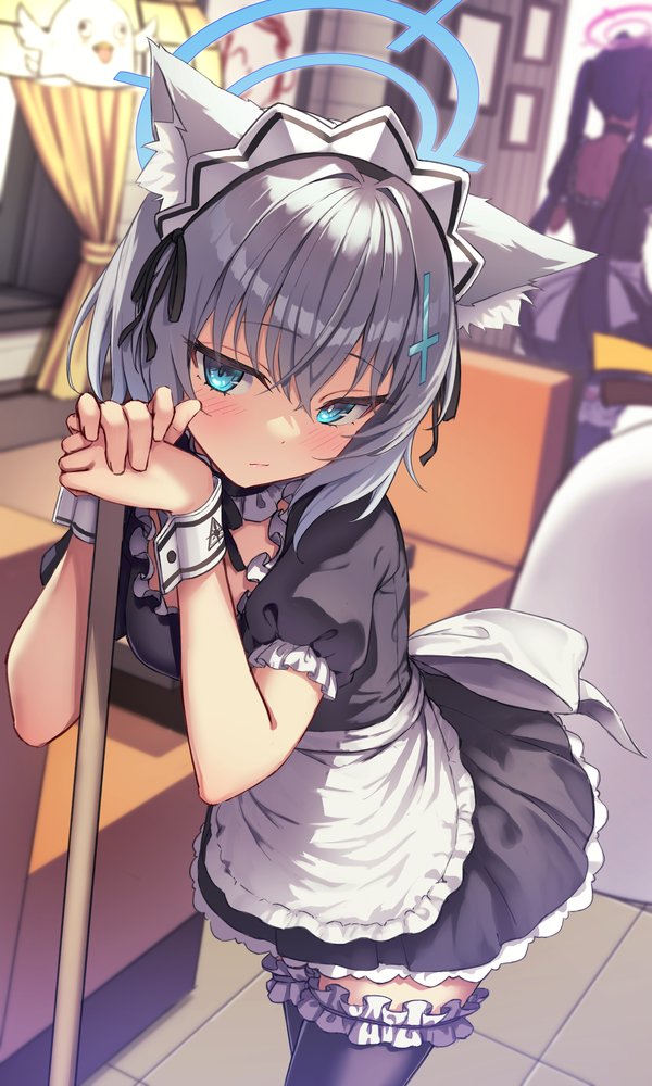2girls animal_ear_fluff animal_ears apron black_dress black_thighhighs blue_archive blue_eyes breasts character_request dress expressionless frilled_dress frilled_thighhighs frills grey_hair halo leaning_forward looking_at_viewer maid maid_headdress medium_breasts medium_hair multiple_girls ryuinu shiroko_(blue_archive) solo_focus thighhighs white_apron wolf_ears wolf_girl