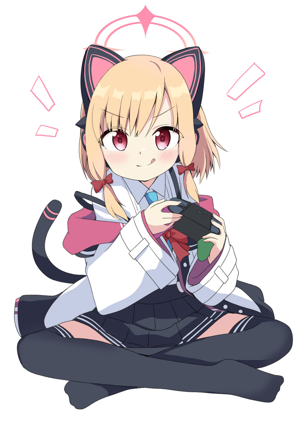 1girl animal_ear_headphones animal_ears black_thighhighs blonde_hair blue_archive bow cat_tail controller fake_animal_ears game_controller hair_bow halo headphones highres holding holding_controller holding_game_controller indian_style jacket massala pink_halo red_eyes shirt simple_background sitting skirt solo tail thighhighs tongue tongue_out white_background