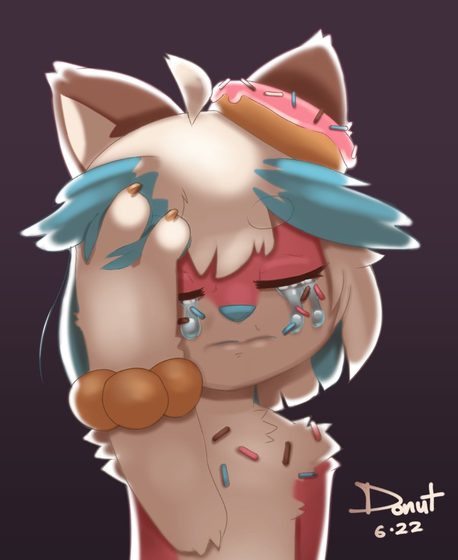 big_tail bodily_fluids canid canine canis crying dessert domestic_dog donut_(misterdonut) doughnut food food_creature fur girly hair mammal misterdonut pawpads paws pink_body pink_fur tail tears vent_art white_hair