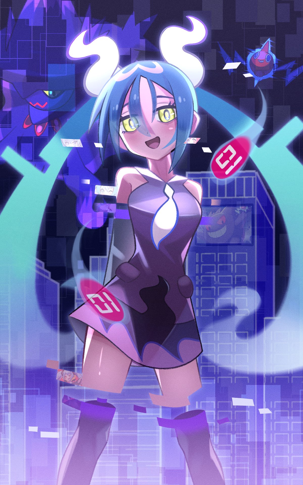 1girl arms_behind_back black_thighhighs gengar ghost_miku_(project_voltage) glitch grey_shirt hair_between_eyes hatsune_miku highres inana_umi long_hair looking_at_viewer mismagius necktie open_mouth pokemon pokemon_(creature) project_voltage rotom shirt skirt thighhighs translucent_hair twintails very_long_hair vocaloid will-o'-the-wisp_(mythology) yellow_eyes