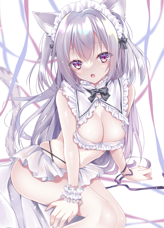 1girl :o animal_ear_fluff animal_ears black_bow bow breasts cat_ears cat_girl cat_tail cleavage comiket_102 commentary_request fang feet_out_of_frame grey_hair hair_between_eyes himemiya_niina long_hair looking_at_viewer maid_headdress medium_breasts open_mouth original purple_eyes solo tail two_side_up very_long_hair white_background wrist_cuffs