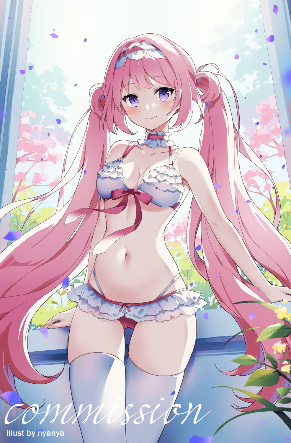 1girl artist_name bare_arms bare_shoulders bikini breasts closed_mouth commentary_request commission flower frilled_bikini frills highres long_hair looking_at_viewer medium_breasts navel nyanya original petals pink_hair purple_eyes red_bikini skeb_commission smile solo swimsuit twintails very_long_hair watermark white_bikini window yellow_flower
