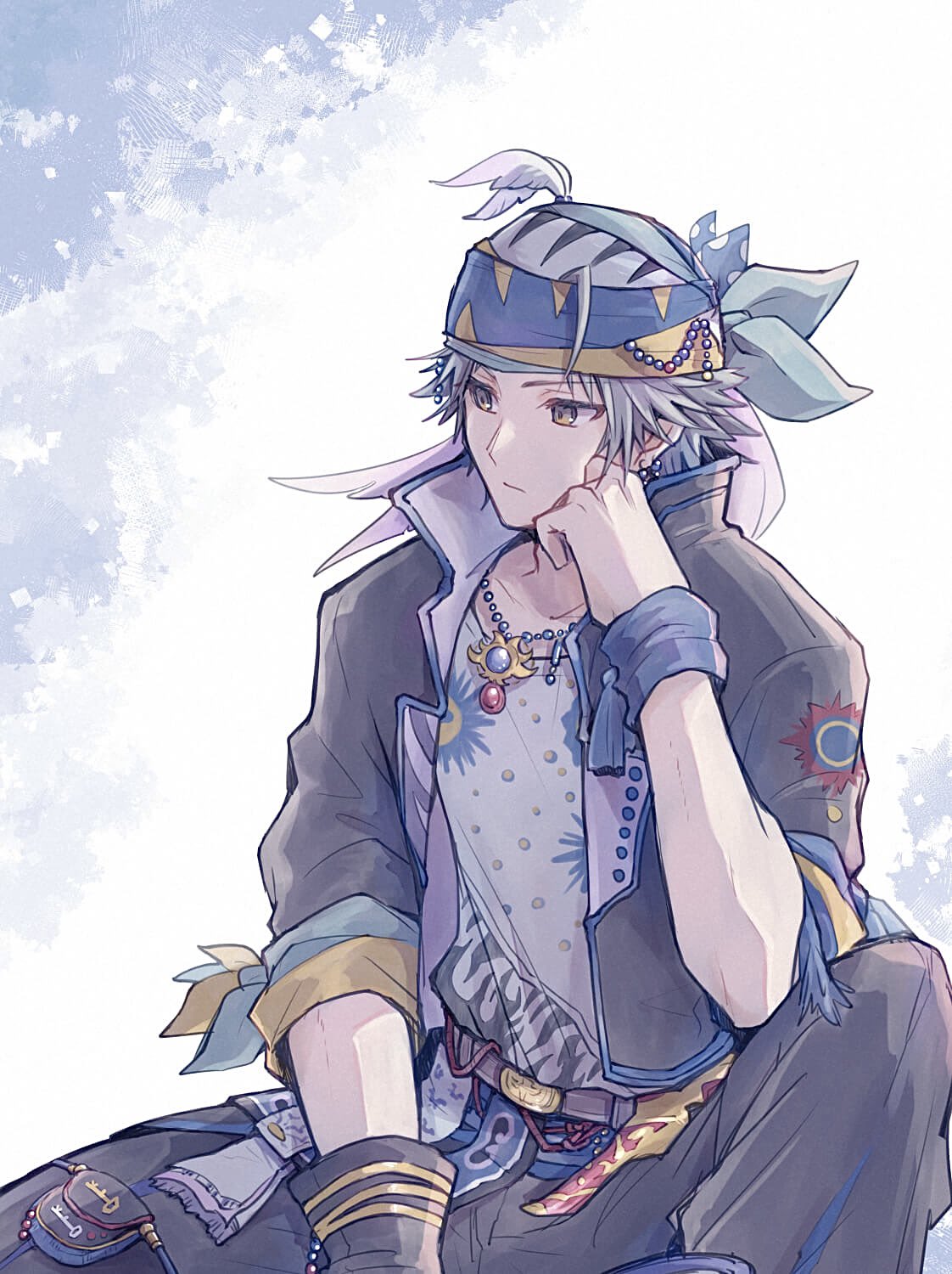 1boy arm_ribbon black_jacket black_pants brown_eyes closed_mouth cowboy_shot earrings final_fantasy final_fantasy_vi grey_hair hand_to_own_face head_scarf highres jacket jewelry locke_cole male_focus multicolored_clothes multicolored_headwear pan_ff6 pants popped_collar print_shirt ribbon shirt short_hair sitting sleeves_rolled_up waist_sash wristband