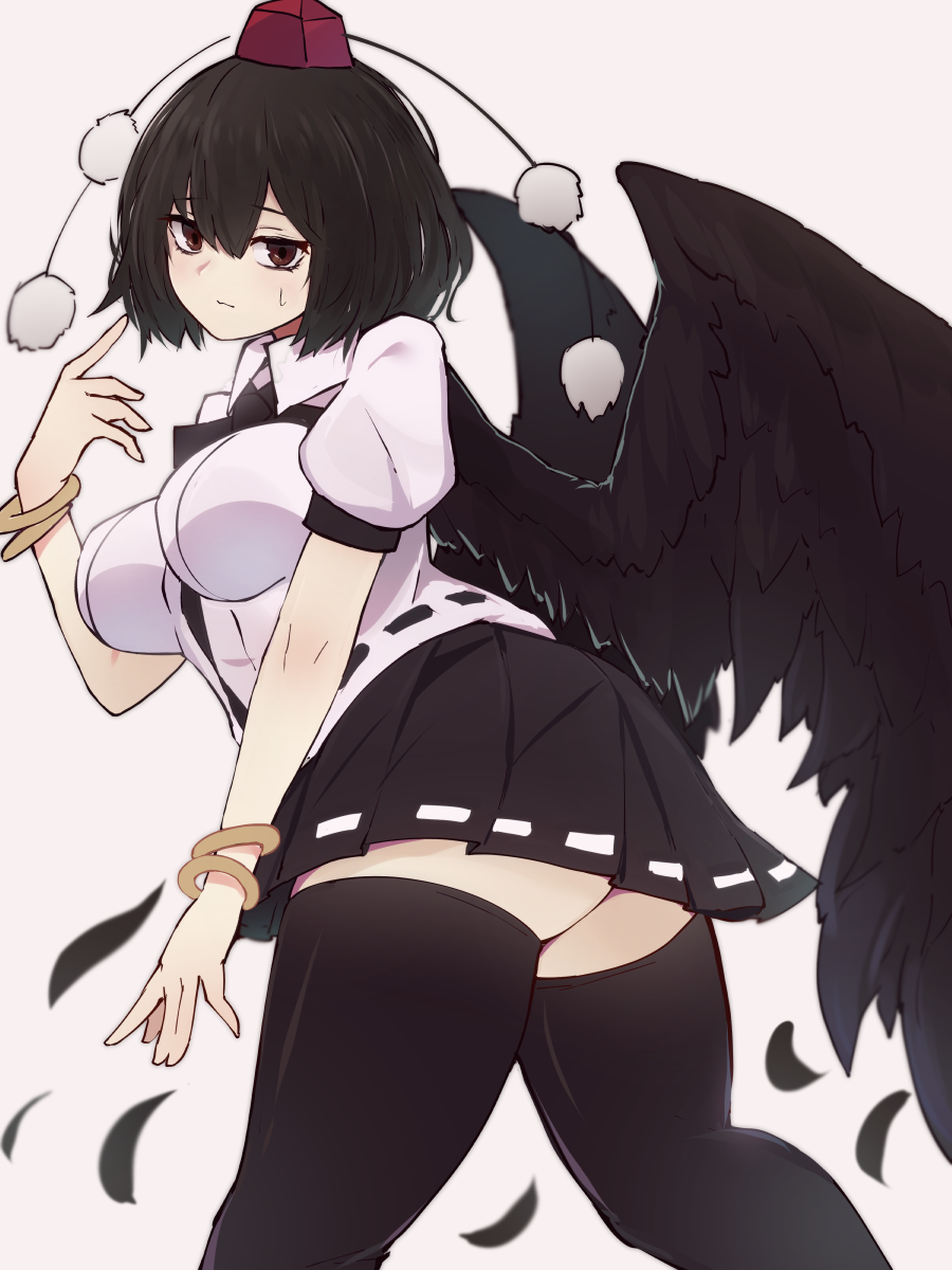 1girl ass black_eyes black_feathers black_hair black_skirt black_thighhighs black_wings bracelet breasts closed_mouth cowboy_shot feathered_wings feathers hat highres jewelry large_breasts looking_at_viewer shameimaru_aya shirt short_sleeves simple_background skirt solo sweatdrop thighhighs touhou white_shirt wings yonaga_san