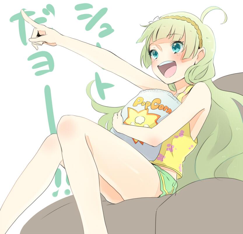 1girl ahoge aqua_eyes bag bare_legs bare_shoulders brown_hairband couch eyelashes feet_out_of_frame floral_print flower food green_hair green_shorts hair_flower hair_ornament hairband holding holding_bag holding_food idolmaster idolmaster_million_live! light_blush long_hair looking_ahead midriff_peek one-hour_drawing_challenge open_mouth outstretched_arm pointing pointing_forward popcorn shimabara_elena shorts sitting smile solo tank_top teeth thighs upper_teeth_only very_long_hair watching_television white_background white_flower witoi_(roa) yellow_tank_top
