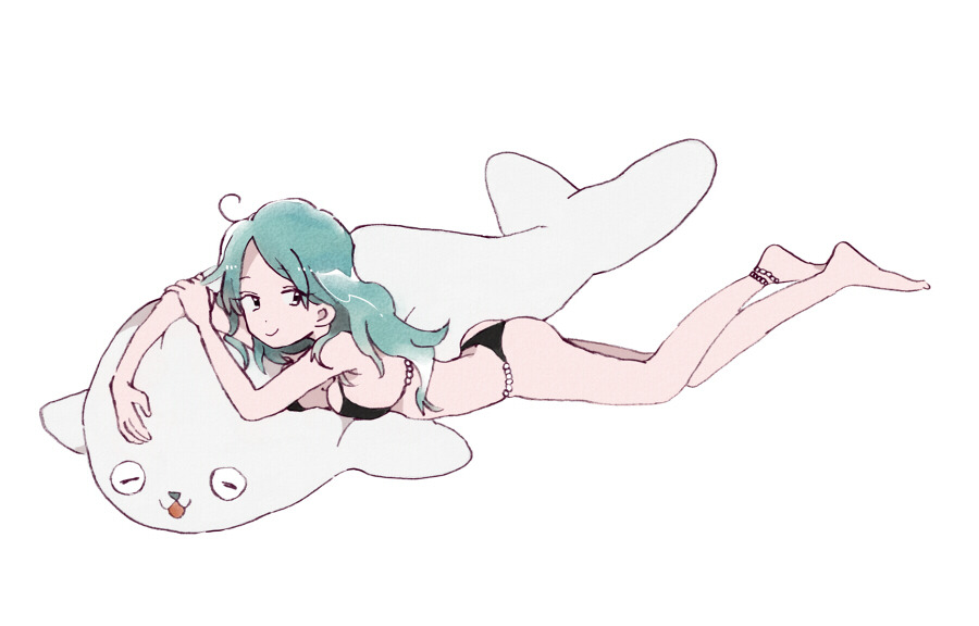 1girl ahoge aqua_hair ass bare_arms bare_legs bikini black_bikini breasts closed_mouth full_body gem h_kawa holding_own_arm large_breasts leglet long_hair looking_at_viewer lying on_stomach original pearl_(gemstone) seal_(animal) smile solo stomach stuffed_toy swimsuit white_background white_eyes