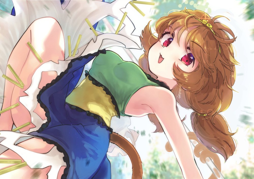 1girl biyon blue_dress brown_hair circlet detached_sleeves dress green_dress long_hair monkey_tail multicolored_clothes multicolored_dress open_mouth red_eyes short_twintails single_detached_sleeve smile solo son_biten tail touhou twintails twitter_username white_sleeves yellow_dress