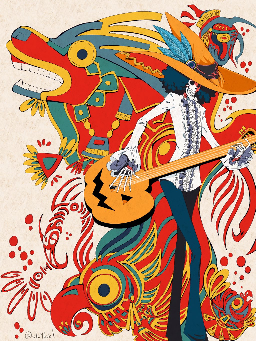 1boy afro alcohol_(alc96vol) aztec black_hair brook_(one_piece) frilled_shirt frills hat hat_feather highres holding holding_instrument instrument long_sleeves looking_at_viewer mexico multicolored_background music one_piece playing_instrument pumpkin shirt sombrero teeth twitter_username white_shirt