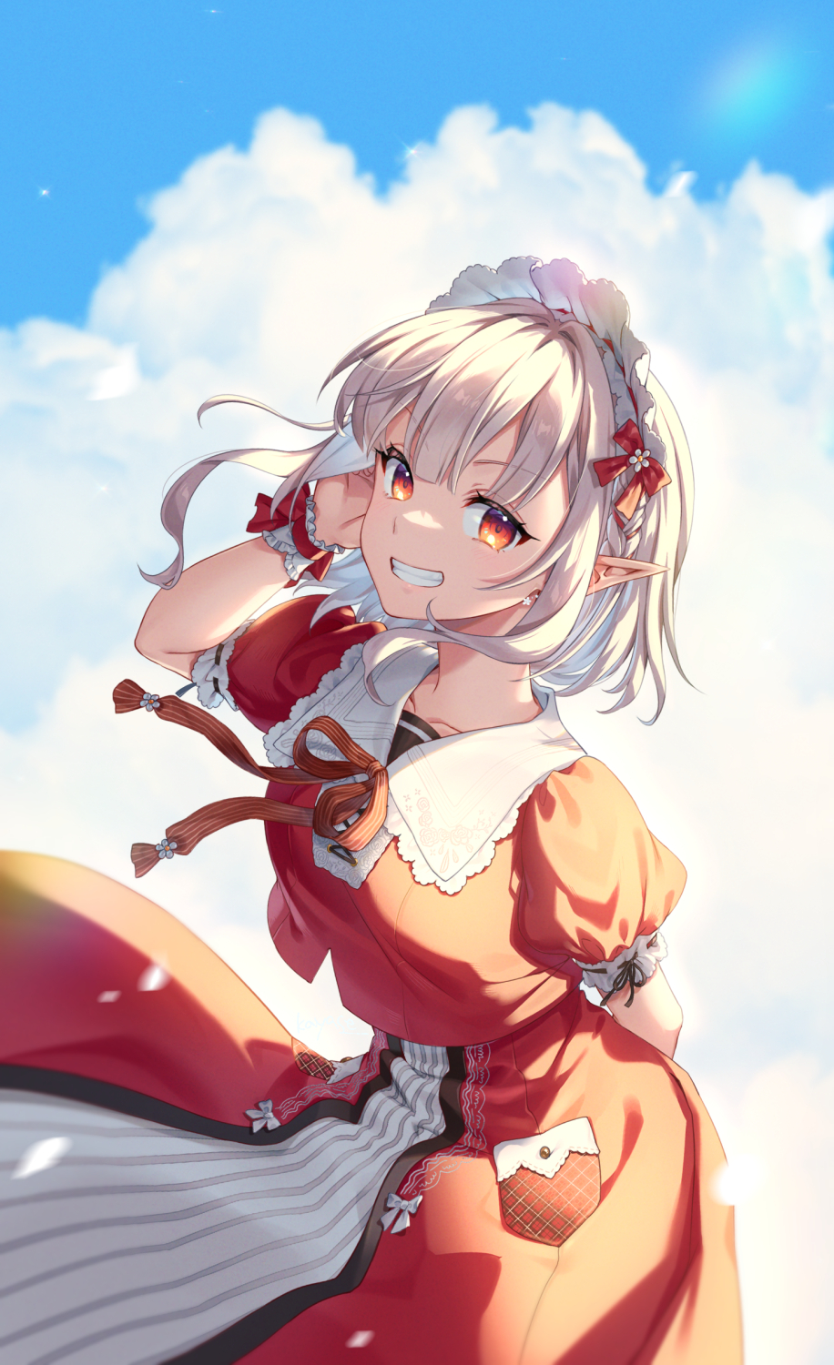 1girl arm_behind_back blue_sky cloud cloudy_sky commentary_request day elf elu_(nijisanji) grey_hair grin hand_up highres kayase looking_at_viewer nijisanji outdoors pointy_ears puffy_short_sleeves puffy_sleeves red_eyes red_shirt red_skirt shirt short_sleeves skirt sky smile solo virtual_youtuber