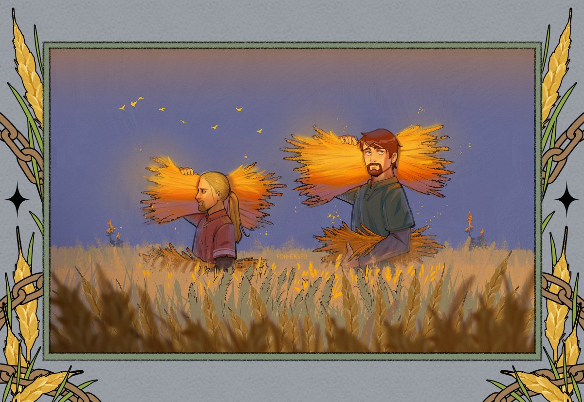 2boys beard blonde_hair blue_sky brown_hair carrying einar facial_hair field forheksed multiple_boys outdoors rural scenery sky thorfinn vinland_saga wheat_field