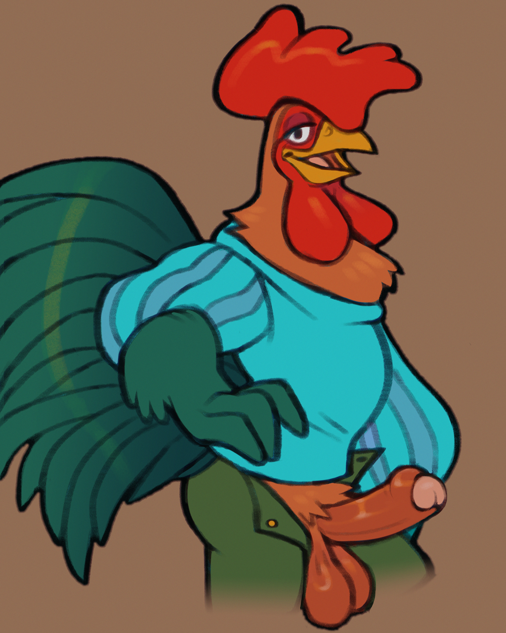 2023 alan_a_dale anthro avian balls bird captchevron chicken clothed clothing digital_media_(artwork) disney erection feathers galliform gallus_(genus) genitals half-closed_eyes hand_on_hip hi_res looking_at_viewer male narrowed_eyes open_mouth penis phasianid robin_hood robin_hood_(disney) saggy_balls solo standing