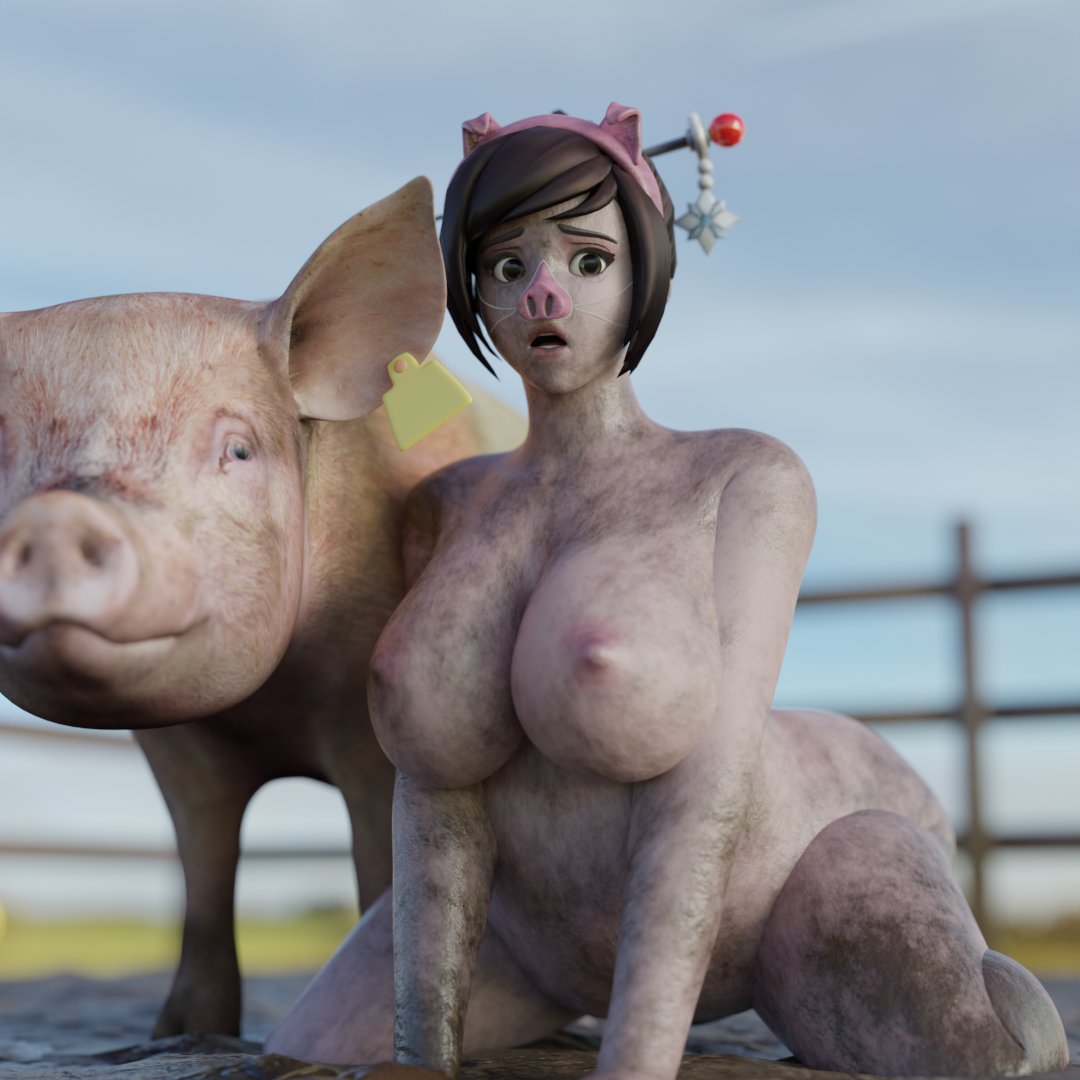 1:1 2023 3d_(artwork) ambiguous_gender bestiality big_breasts blizzard_entertainment bloggerman_twit breasts brown_hair clothing costume digital_media_(artwork) dirt domestic_pig duo farm female female/ambiguous feral hair human human_on_feral interspecies kneeling light_body light_skin looking_at_viewer male mammal mei_(overwatch) mud nipples nude open_mouth outside overwatch overweight overweight_female pig_costume pink_body pink_nipples pink_skin shocked_expression short_hair sky suid suina sus_(pig) thick_thighs