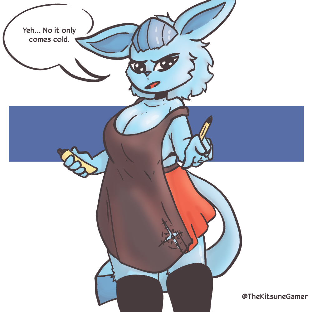 anthro apron big_breasts breasts clothing diamond_(glaceon) eeveelution english_text female generation_4_pokemon glaceon looking_at_viewer nintendo pencil_(object) pokemon pokemon_(species) simple_background solo text thekitsunegamer