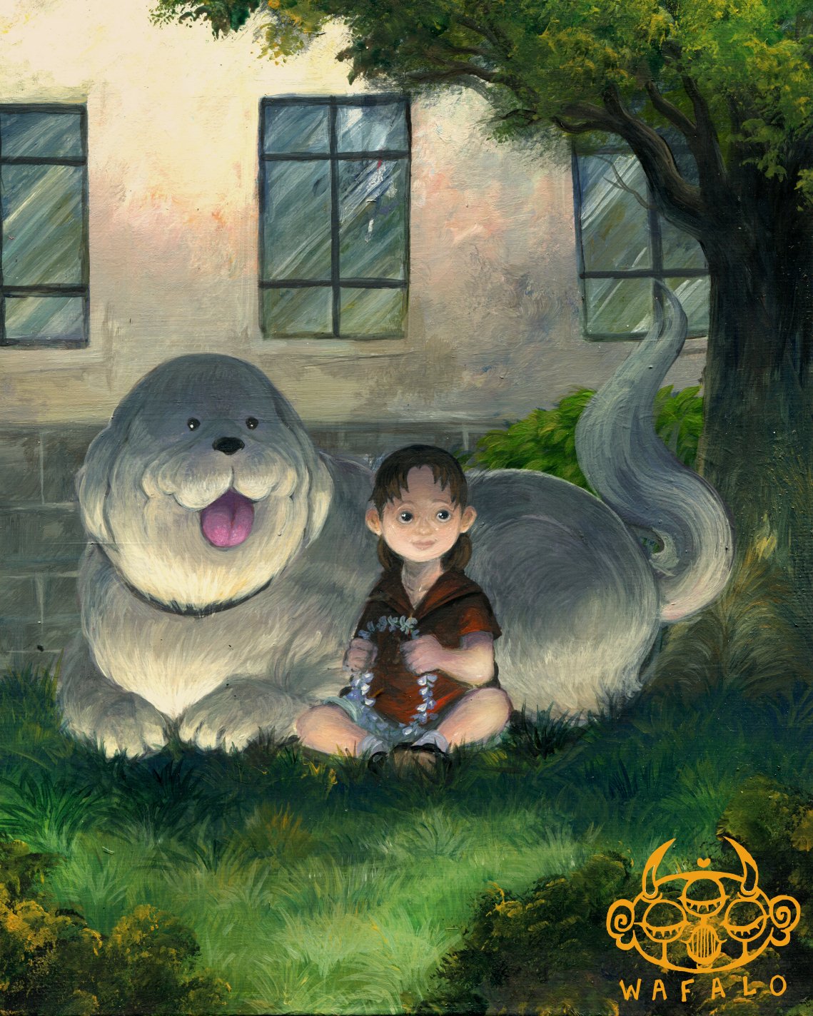 1girl acrylic_paint_(medium) alexander_(fma) brown_hair collared_shirt dog english_commentary female_child flower_wreath fullmetal_alchemist highres house medium_hair nina_tucker on_grass outdoors painting_(medium) red_shirt shirt short_sleeves sitting smile socks tongue tongue_out traditional_media tree wafalo watermark white_fur white_socks window