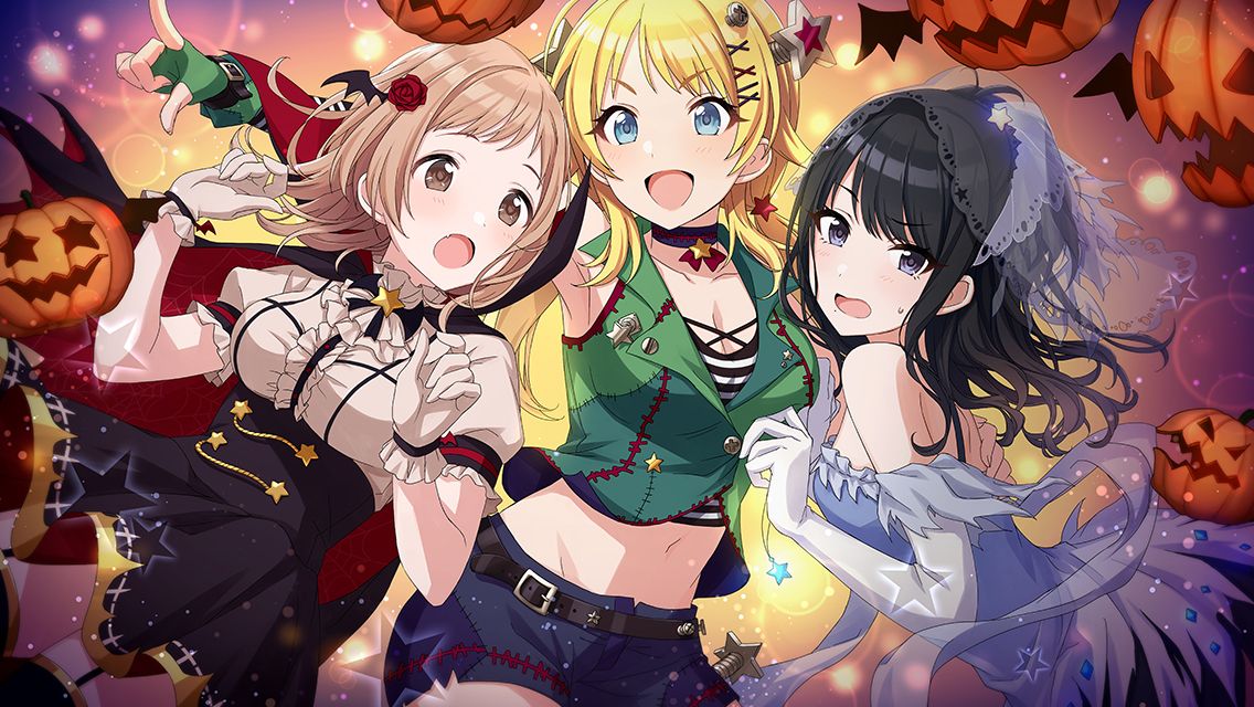 3girls :d :o armpit_peek bare_shoulders bat_wings belt black_belt black_hair black_skirt blonde_hair blue_dress blue_shorts blush breasts brown_eyes choker cleavage collarbone cowboy_shot crop_top cropped_vest dress elbow_gloves fang fingerless_gloves flower frilled_gloves frilled_shirt frills game_cg garter_straps gloves gradient_background green_gloves green_vest groin hachimiya_meguru hair_flower hair_ornament hairclip half_updo halloween halloween_costume hand_on_another's_shoulder high-waist_skirt high_collar idolmaster idolmaster_shiny_colors illumination_stars_(idolmaster) jabot jack-o'-lantern kazano_hiori large_breasts light_brown_hair light_particles long_hair low_twintails medium_hair midriff mole mole_under_mouth multiple_girls navel object_through_head official_art open_mouth patchwork_clothes pointing puffy_short_sleeves puffy_sleeves purple_eyes raised_eyebrows red_flower red_rose rose sakuragi_mano screw_in_head shirt short_sleeves shorts sidelocks skin_fang skirt smile star_(symbol) star_hair_ornament strapless strapless_dress striped striped_shirt sweatdrop thighhighs torn_clothes torn_sleeves twintails underbust veil vest wing_hair_ornament wings x_hair_ornament