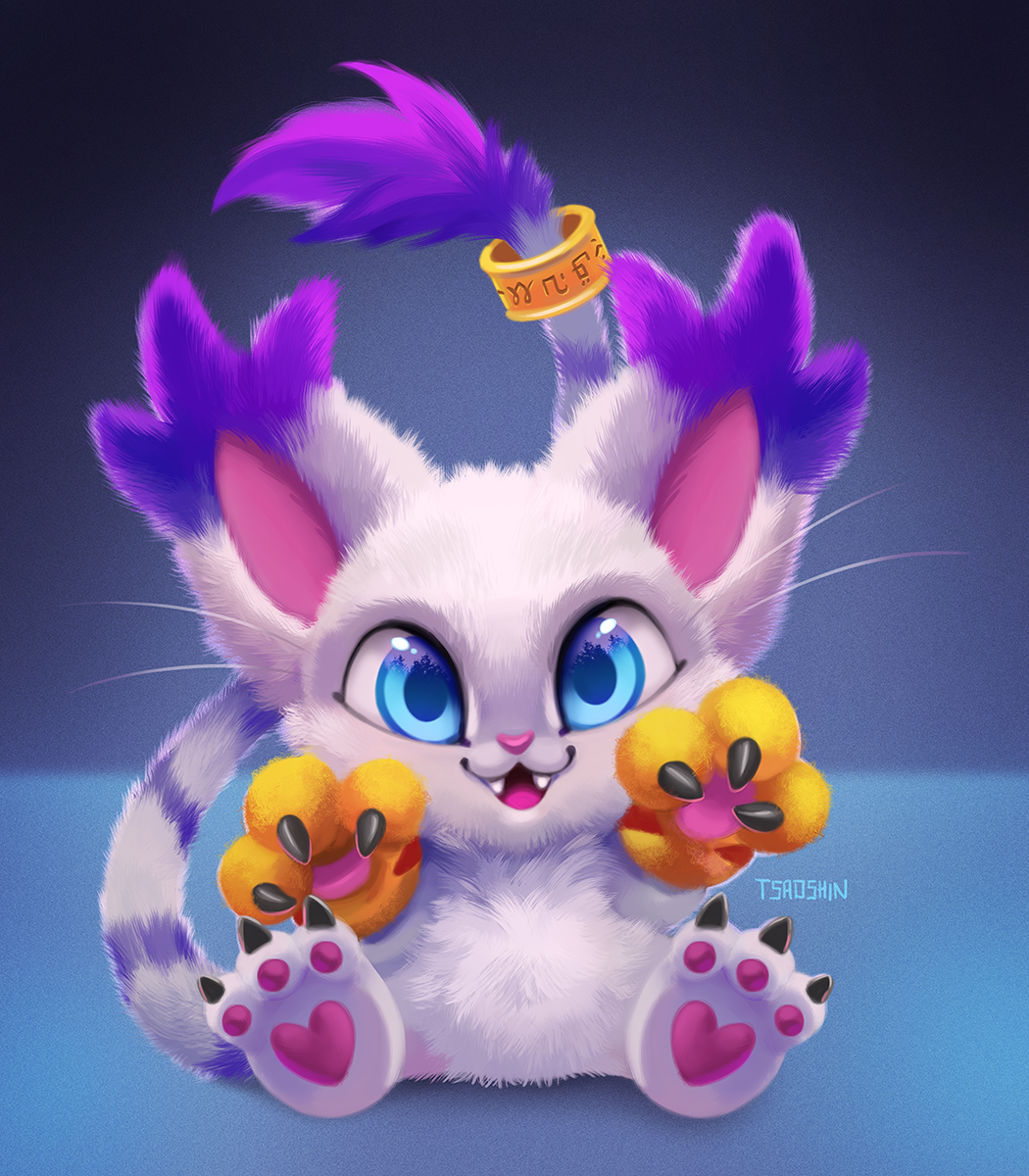 2022 3_fingers 3_toes accessory ambiguous_gender bandai_namco big_ears blue_eyes claws clothing cute_fangs digimon digimon_(species) digital_media_(artwork) domestic_cat fangs feet felid feline felis feral fingers fluffy fur furgonomics gatomon gloves handwear happy hi_res jewelry long_tail mammal markings pawpads paws pink_inner_ear pink_nose purple_body purple_fur purple_markings ring smile tail tail_accessory tail_jewelry tail_markings tail_ring tail_tuft teeth toe_claws toes tsaoshin tuft whiskers white_body white_fur