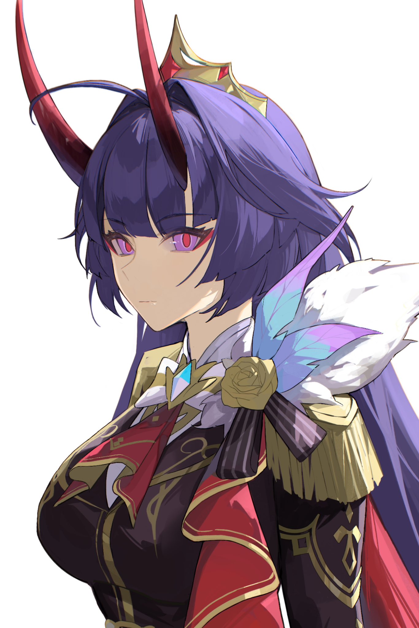 ahoge breasts closed_mouth commentary_typo crown english_commentary highres honkai_(series) honkai_impact_3rd horns large_breasts long_hair official_alternate_costume oni_horns pink_eyes prince purple_hair raiden_mei raiden_mei_(herrscher_of_thunder) red_eyeliner red_horns red_pupils simple_background tutou_jiang upper_body white_background